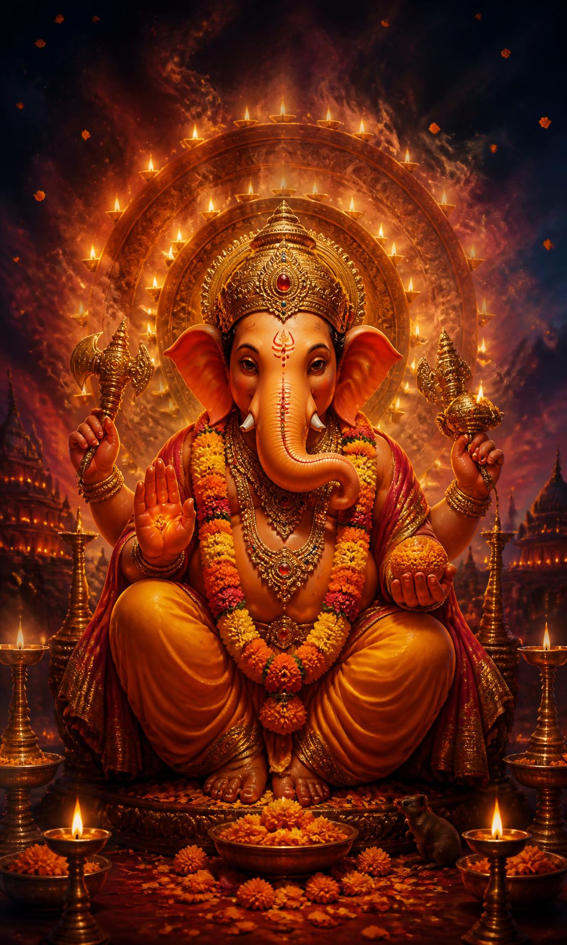 Lord Ganesha surrounded by diya lamps and marigold flowers